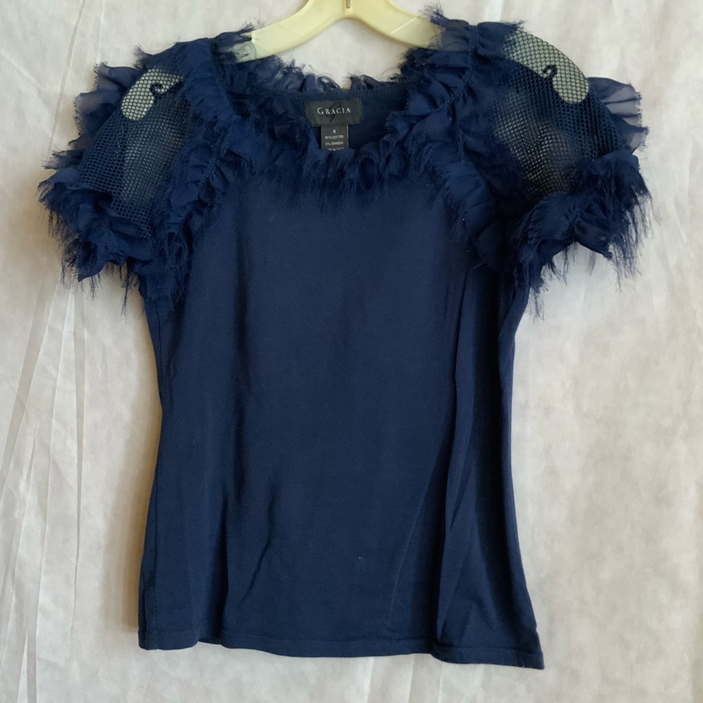 Gracia Midnight Blue Mesh Ruffle Blouse